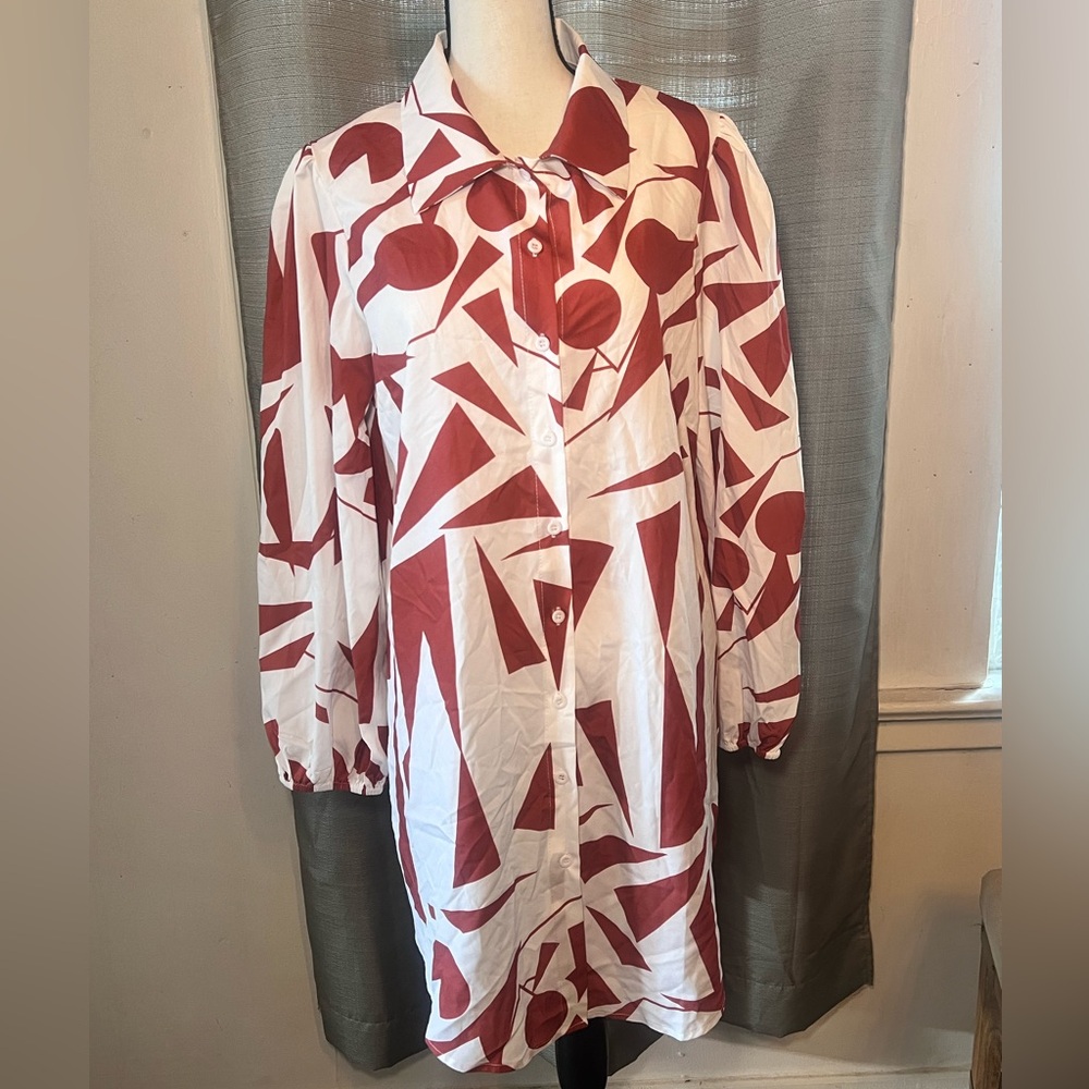 Boho burnt orange and White Geometric Print Button-Up Dress